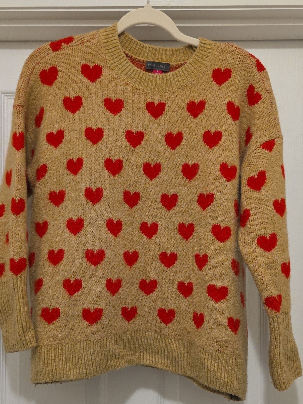 Vince Camuto Tan Crewneck Sweater with Red Heart Motif